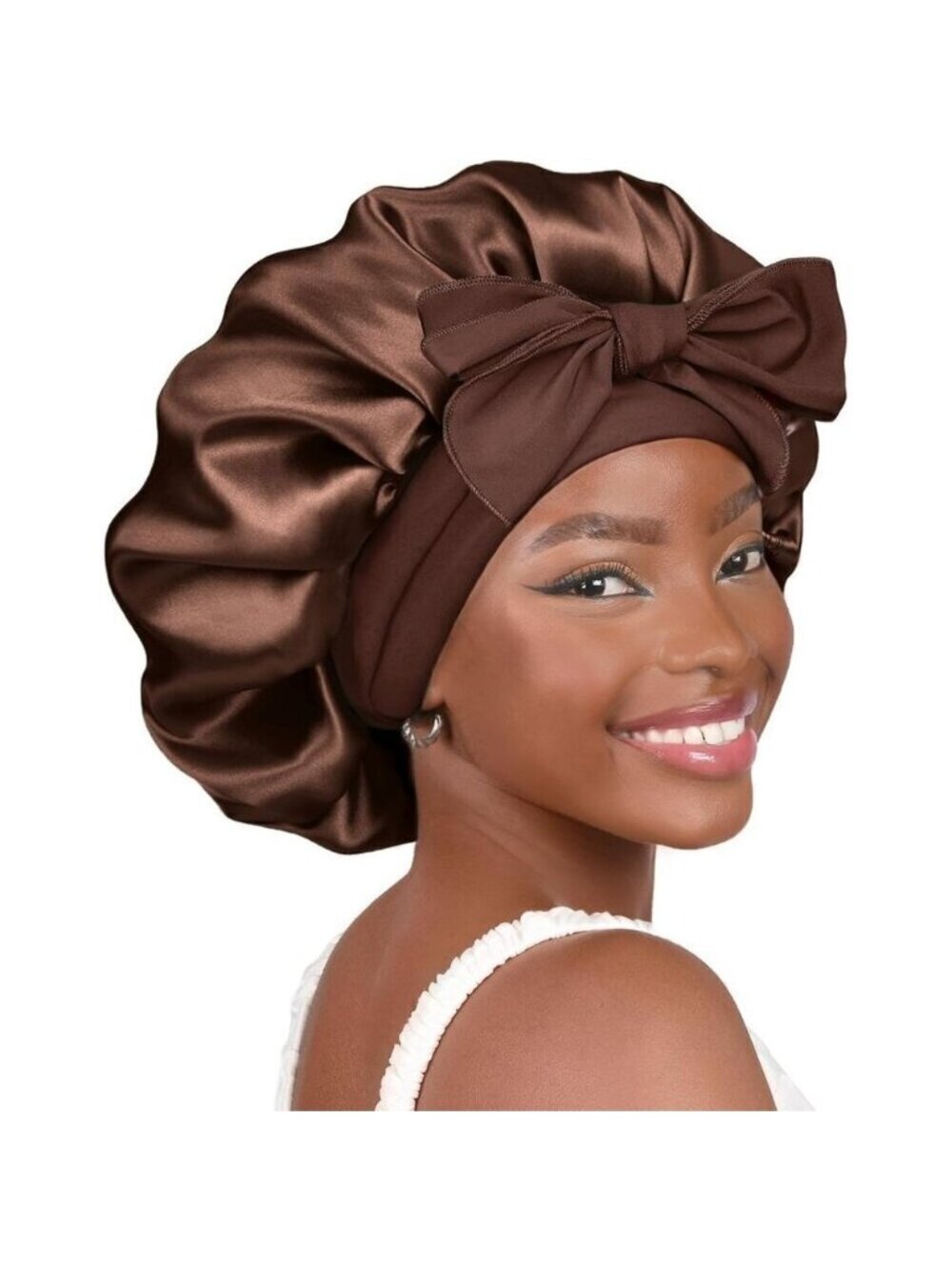 🆕 Women Silk Bonnet Brown Satin Double Layer Lined Hair Tie Band Curly Natural